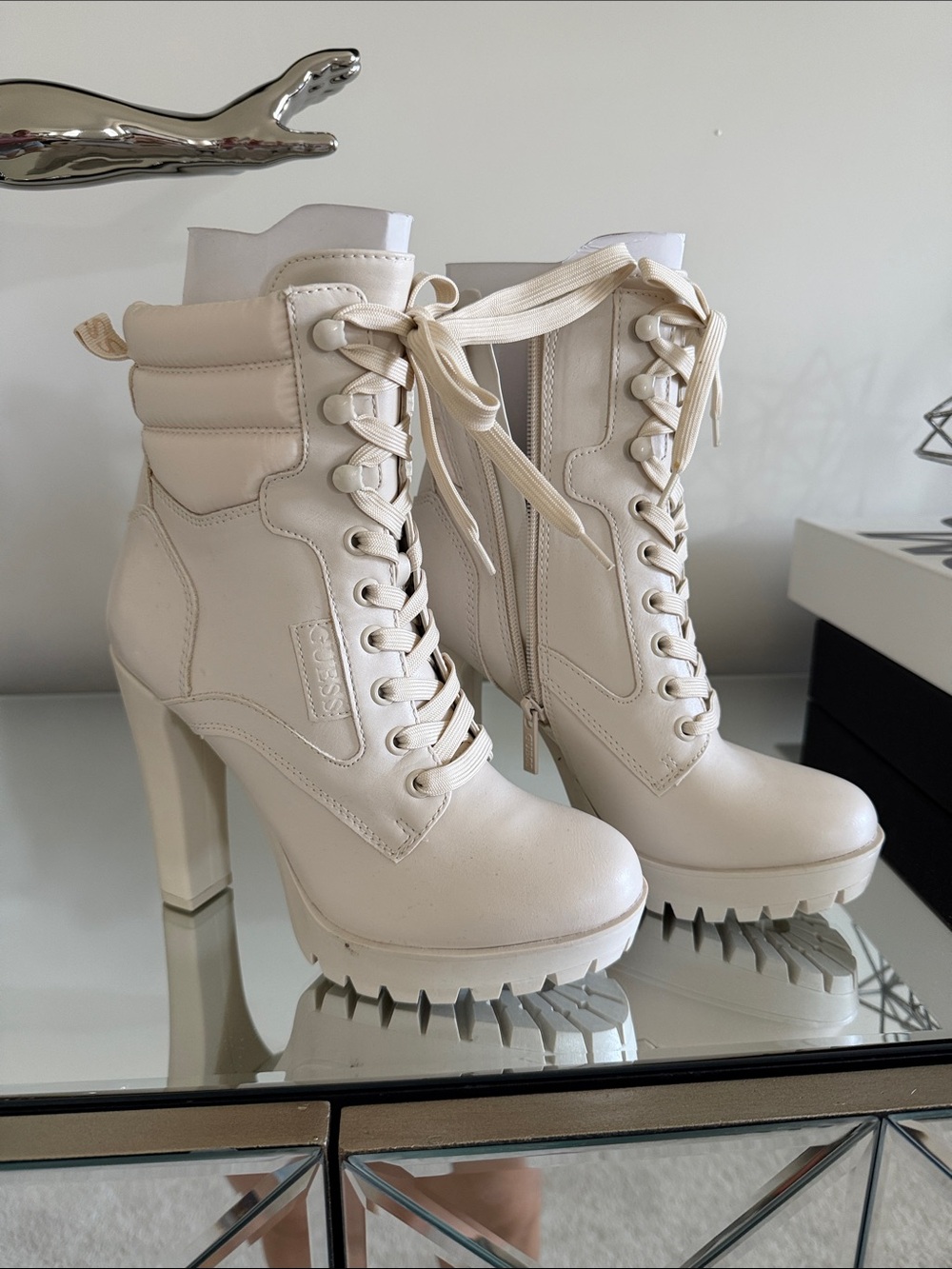 Guess Cream Lace-Up High Heel Combat Boots